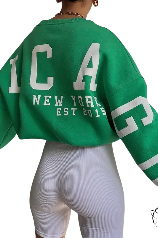 Green knitted graphic printed hoodie with white lettering