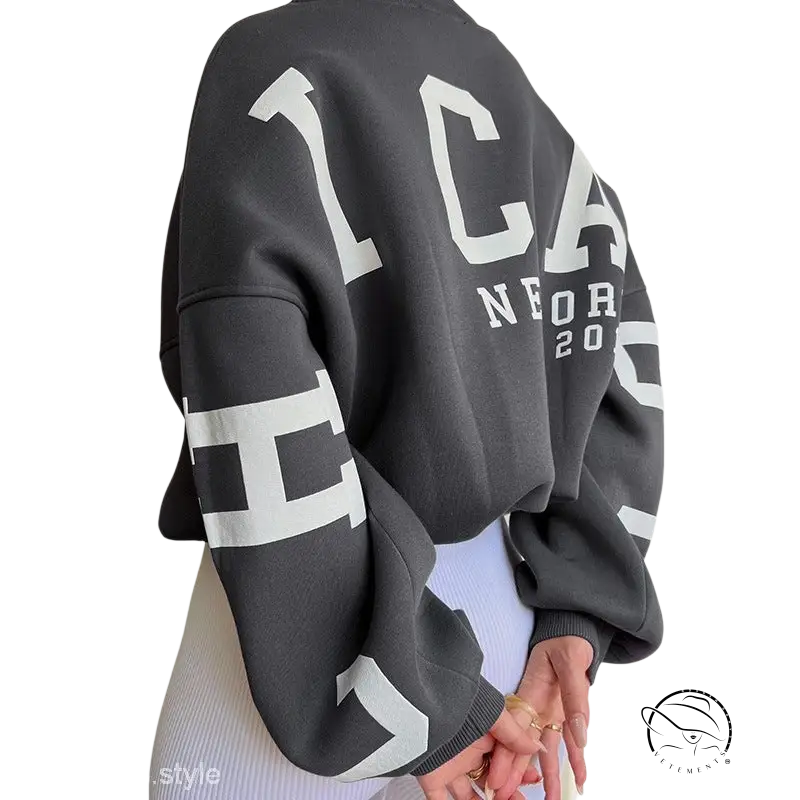 Gray knitted graphic printed hoodie with white lettering
