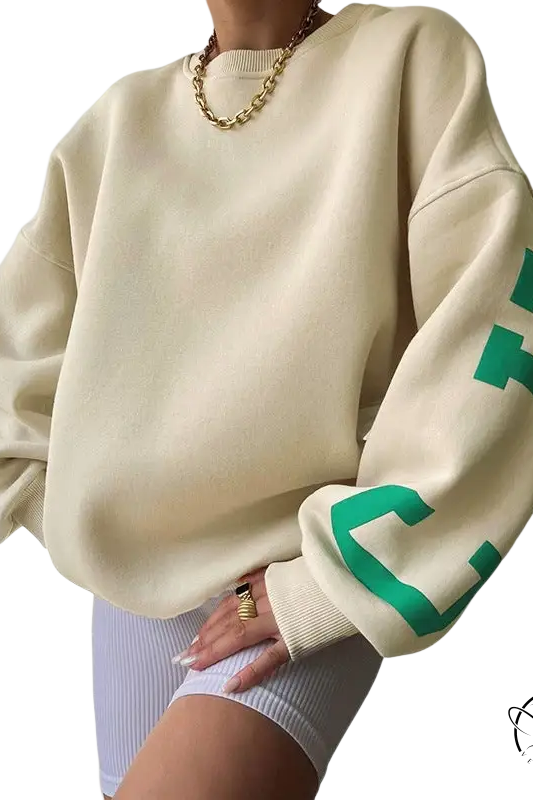 Oversized knitted graphic printed hoodie in beige with green sleeve graphics