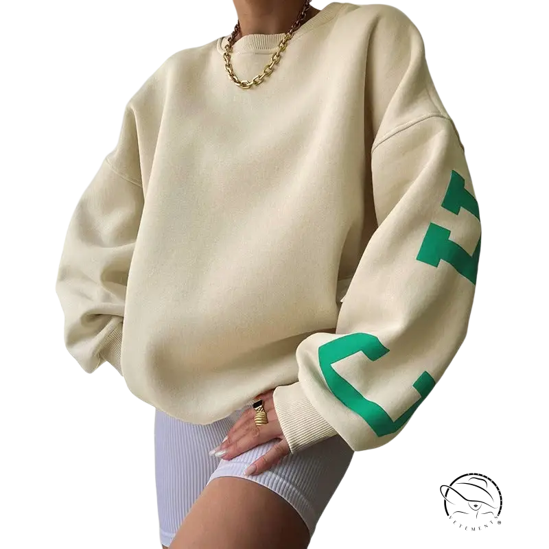 Oversized knitted graphic printed hoodie in beige with green sleeve graphics