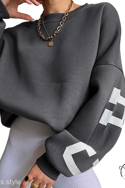 Gray knitted graphic printed hoodie with white lettering