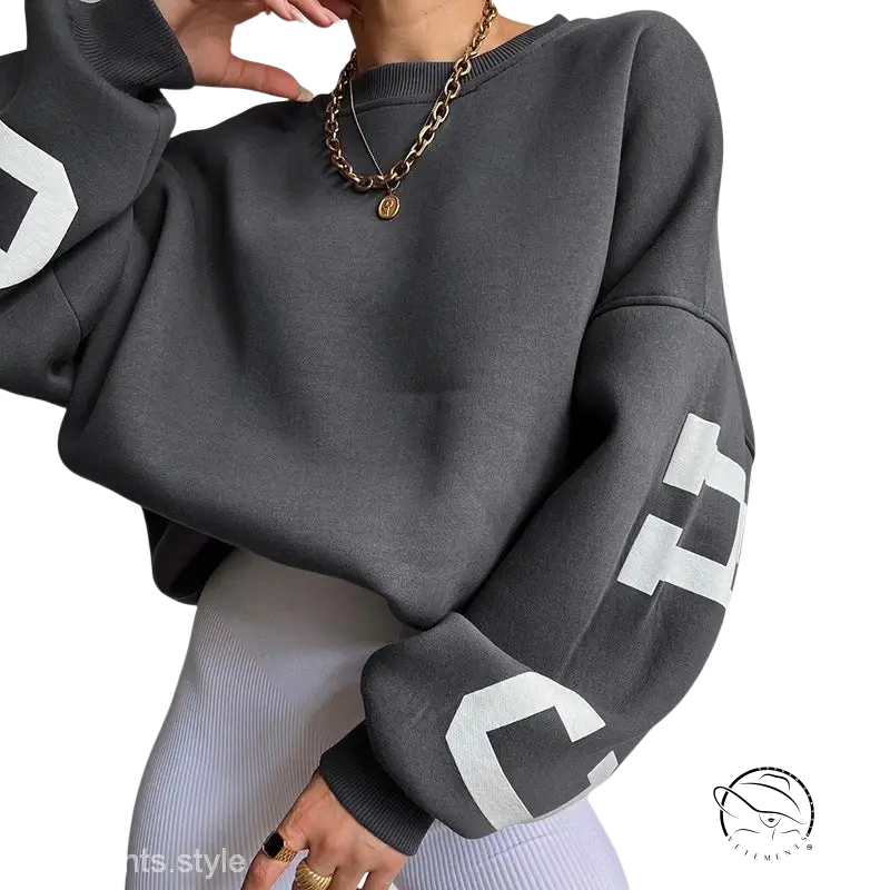 Gray knitted graphic printed hoodie with white lettering