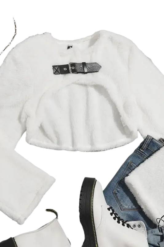 White fuzzy lambswool short shirt for autumn winter women with black belt buckle