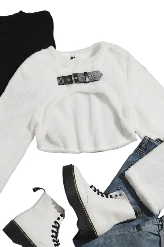 White fuzzy lambswool short shirt with black belt buckle for autumn winter women