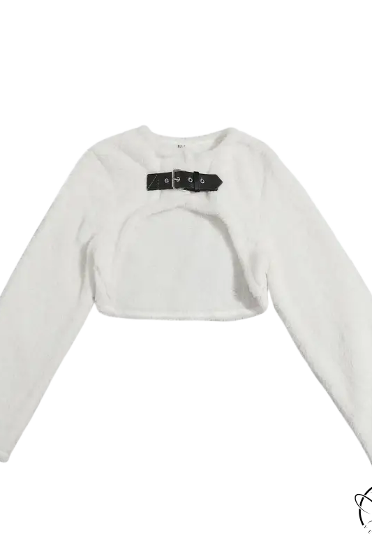 White fuzzy lambswool short shirt with black buckle for autumn winter women