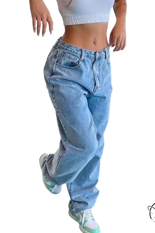 Casual wide leg light blue jeans with pockets and zipper