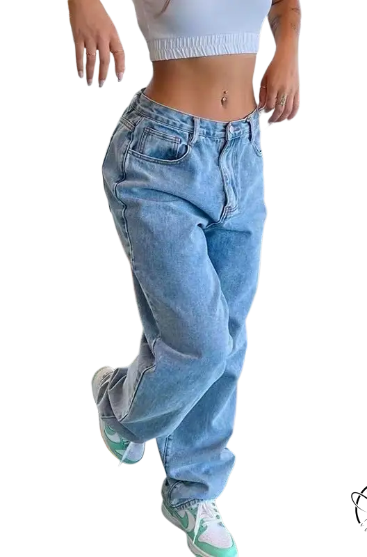 Casual wide leg light blue jeans with pockets and zipper