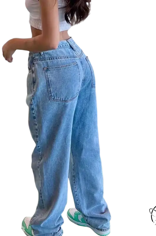 Casual wide leg light blue jeans with visible pockets and zipper