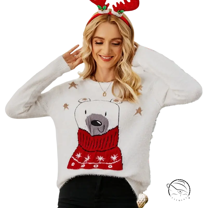 White fuzzy Christmas cartoon jacquard bear sweater with red scarf