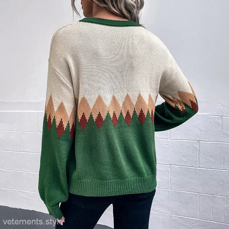 Women’s Casual Long Sleeve Christmas Lattice Sweater in Geometric Patchwork design