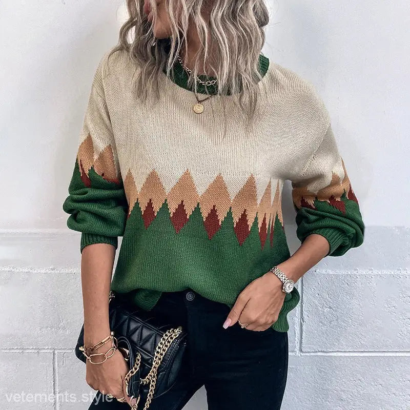 Patterned knit Christmas lattice sweater featuring geometric patchwork design