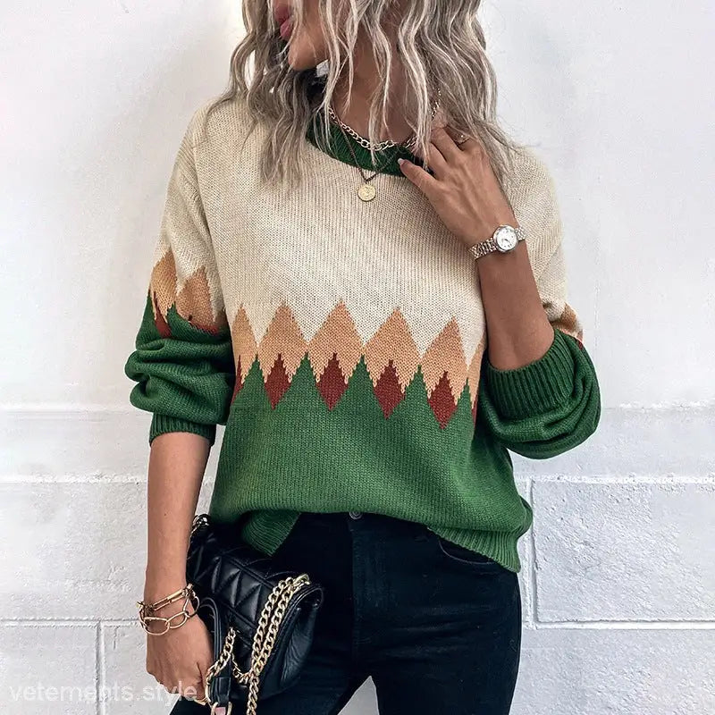 Casual Long Sleeve Christmas Lattice Sweater featuring stylish geometric patchwork design