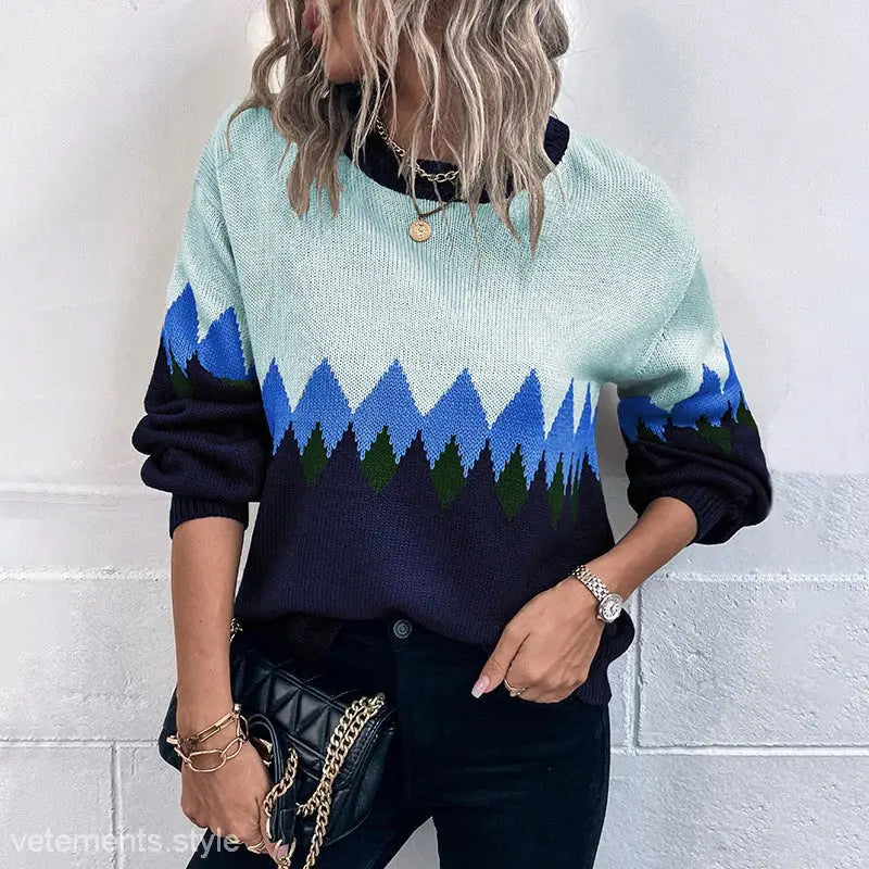 Casual Long Sleeve Christmas Lattice Sweater featuring a geometric patchwork design