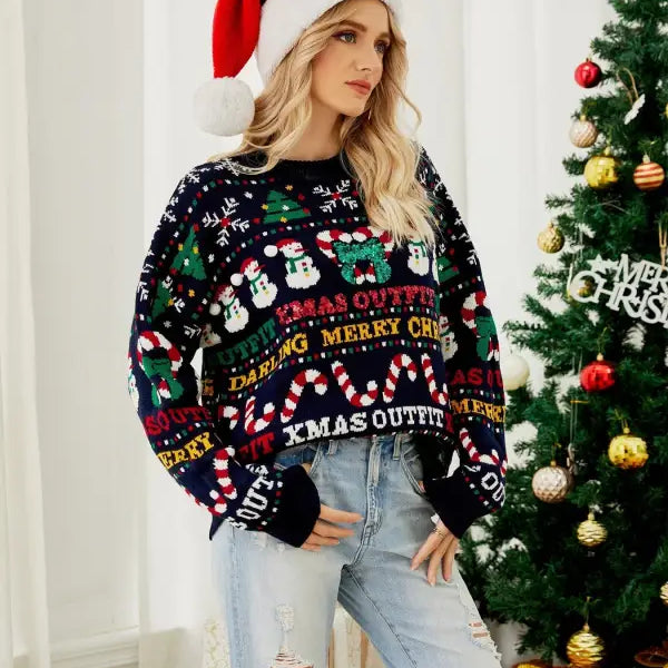 Casual Long Sleeve Christmas Tree Sweater Pullover featuring Santa hat design