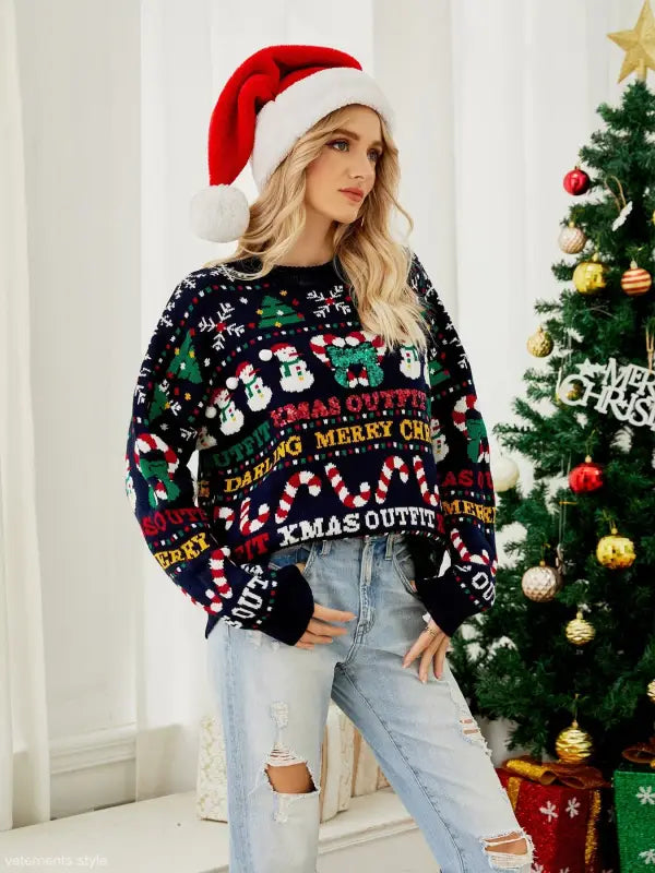 Casual Long Sleeve Christmas Tree Sweater Pullover featuring Santa hat design
