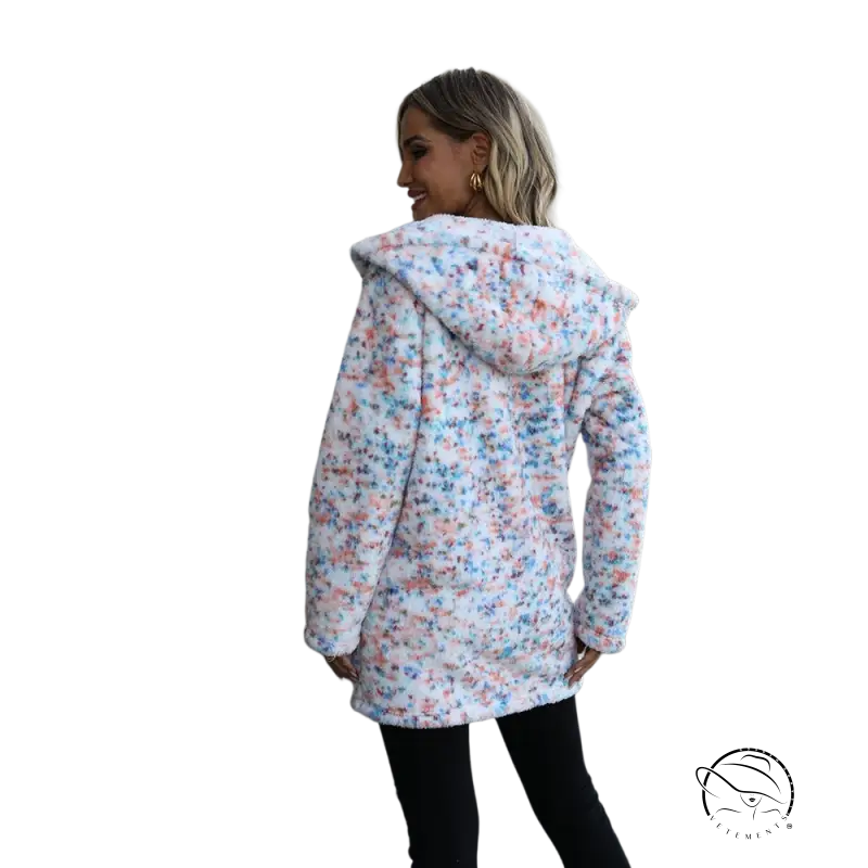 Colorful speckled hooded long sleeve loose snowflake plush Christmas jacket on woman