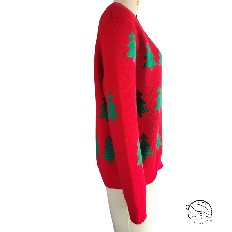 Red knit jacquard sweater with green Christmas tree patterns for fall/winter