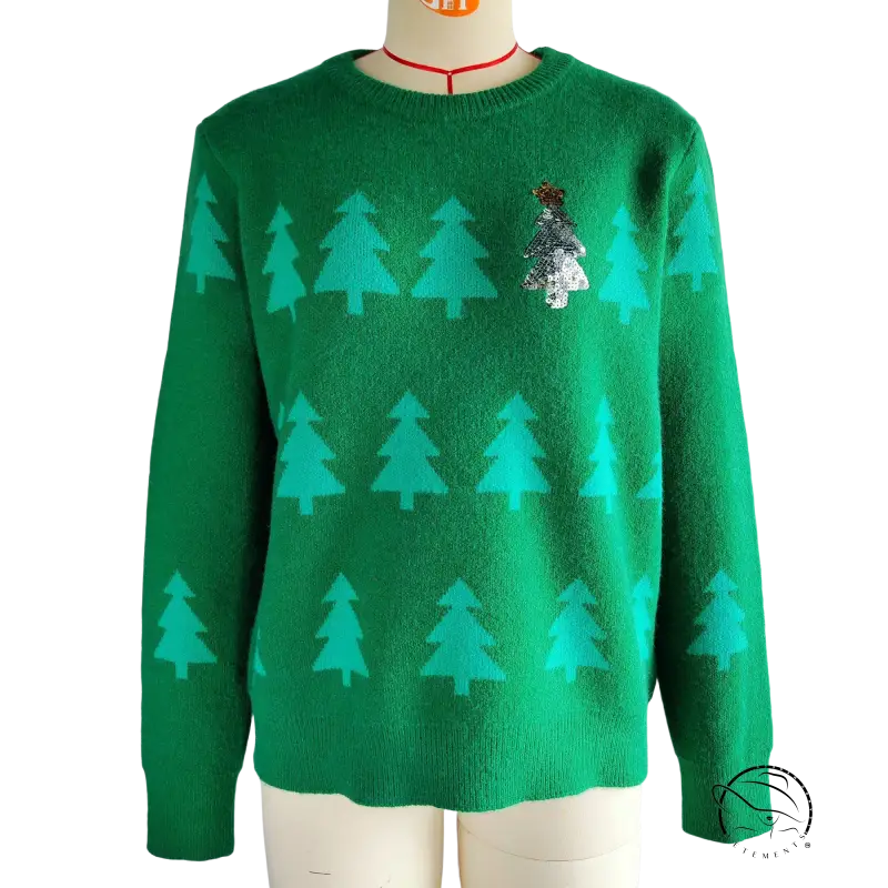 Green christmas tree jacquard sweater with sequined reindeer