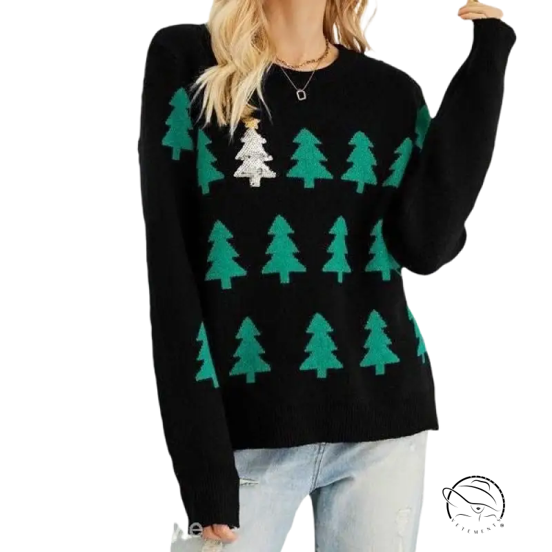 Black tree jacquard sweater with teal pine trees and silver sequined Christmas tree