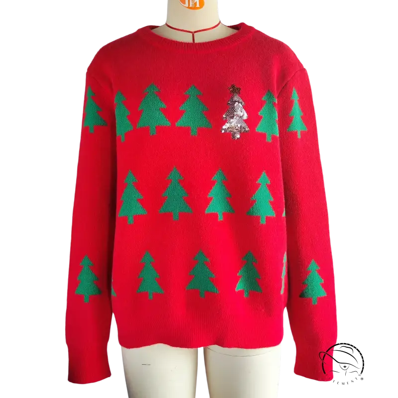 Red jacquard sweater with christmas tree pattern and sequined applique