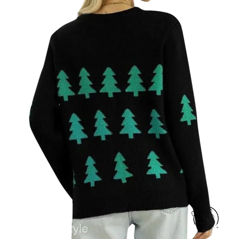 Black tree jacquard sweater with teal Christmas trees on back