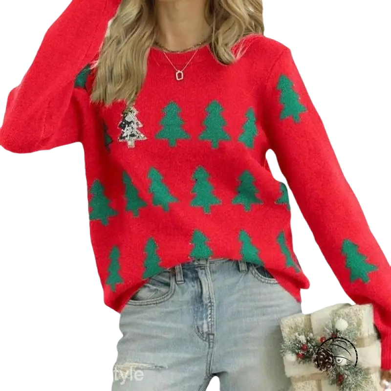 Red Christmas tree jacquard sweater with sequined pine tree