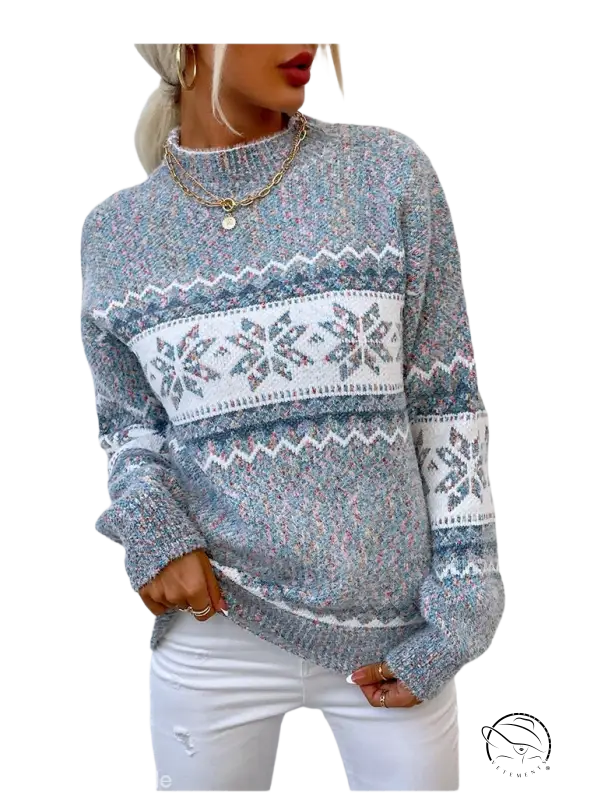 Cozy turtleneck snowflake sweater in gray knit with pink accents