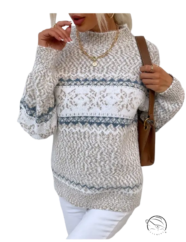 Cozy cream knit turtleneck snowflake sweater with gray accents