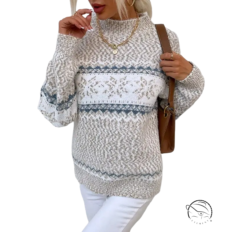 Cozy turtleneck snowflake sweater in gray-white geometric knit