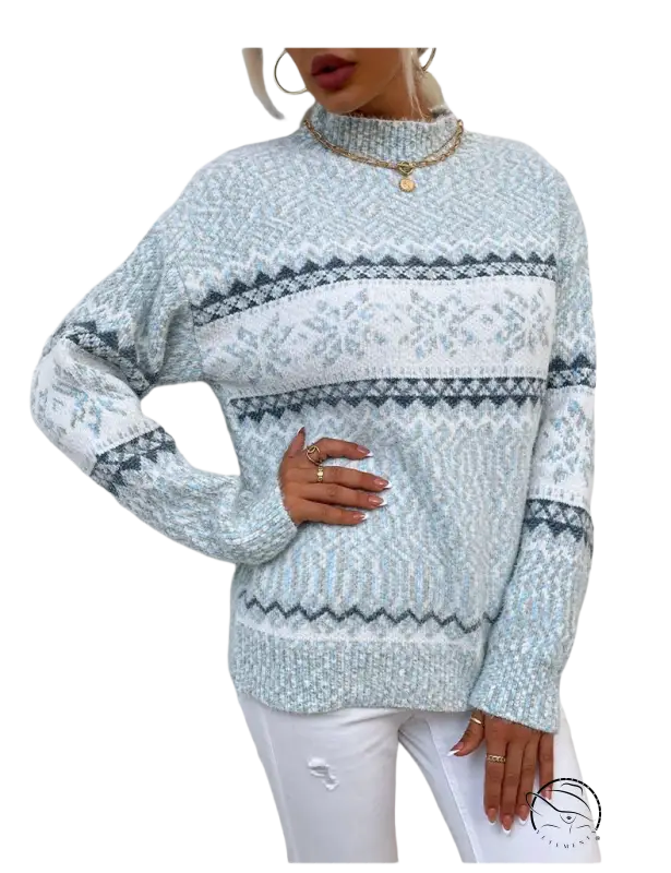 Cozy turtleneck snowflake sweater in light blue with gray geometric patterns