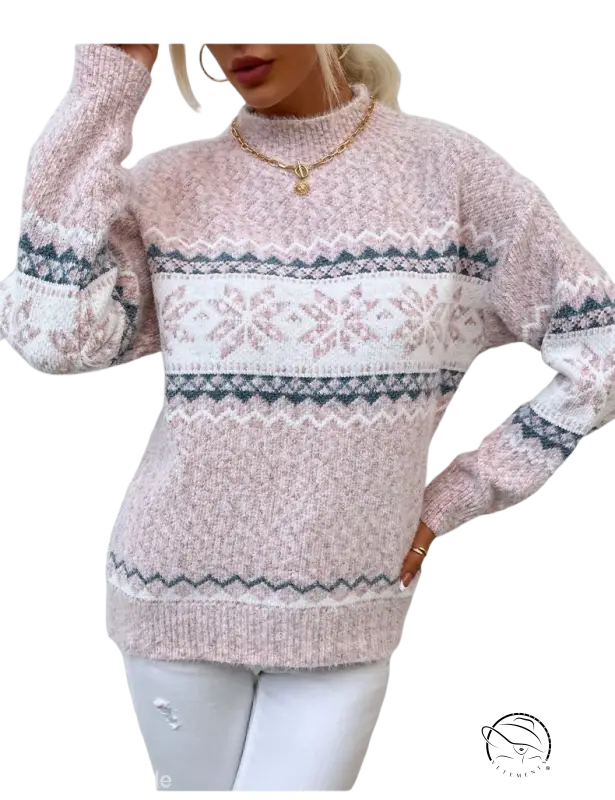 Cozy turtleneck snowflake sweater in light pink with white and gray patterns