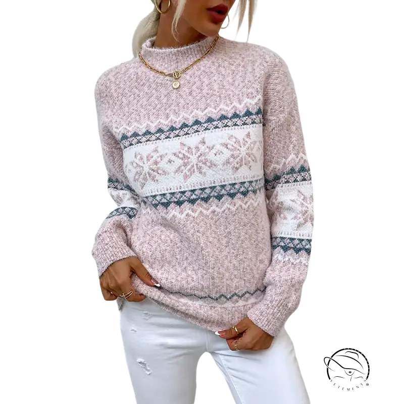 Cozy turtleneck snowflake sweater with pink knit and festive pattern