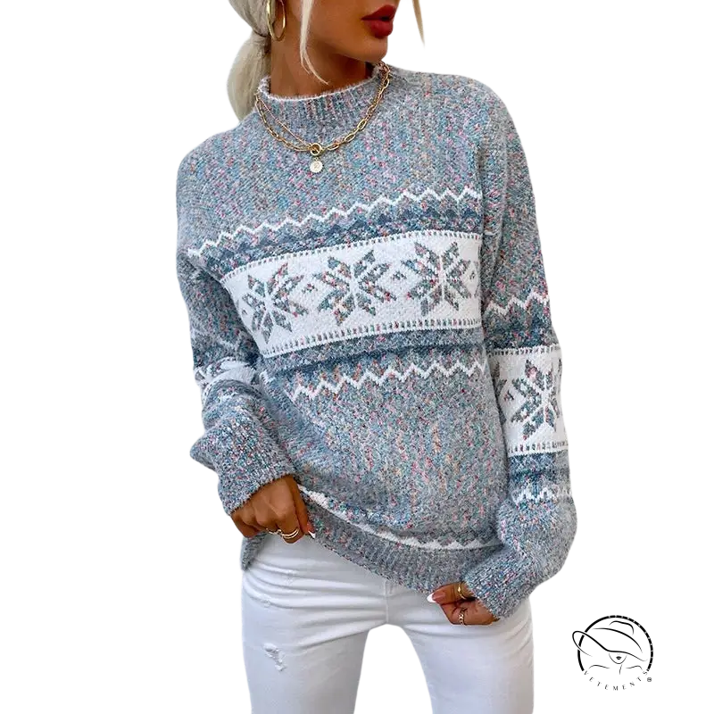 Cozy turtleneck snowflake sweater in gray knit with white pattern