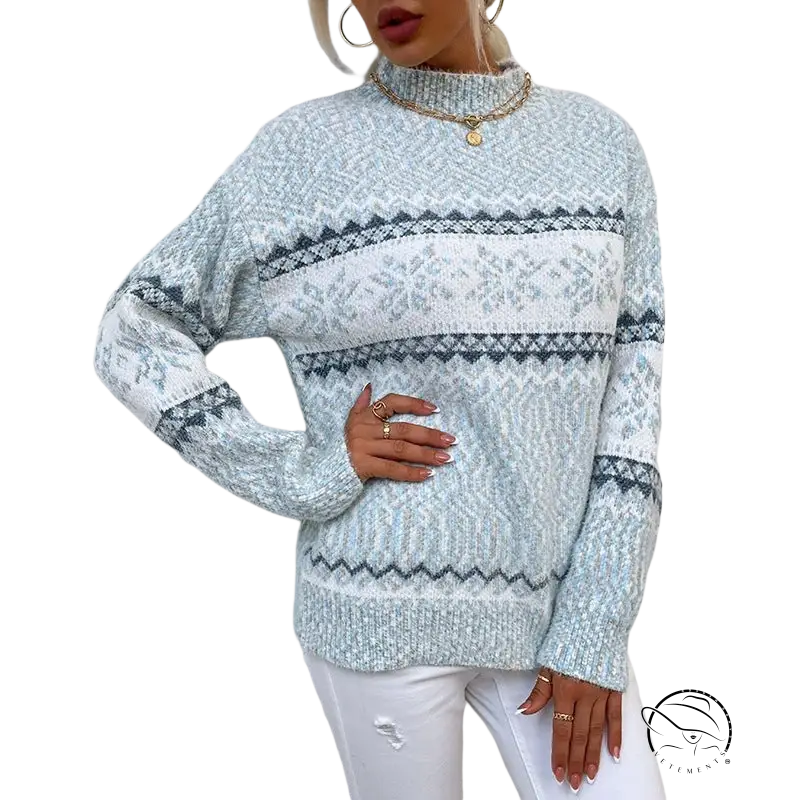 Cozy light blue turtleneck snowflake sweater with geometric pattern