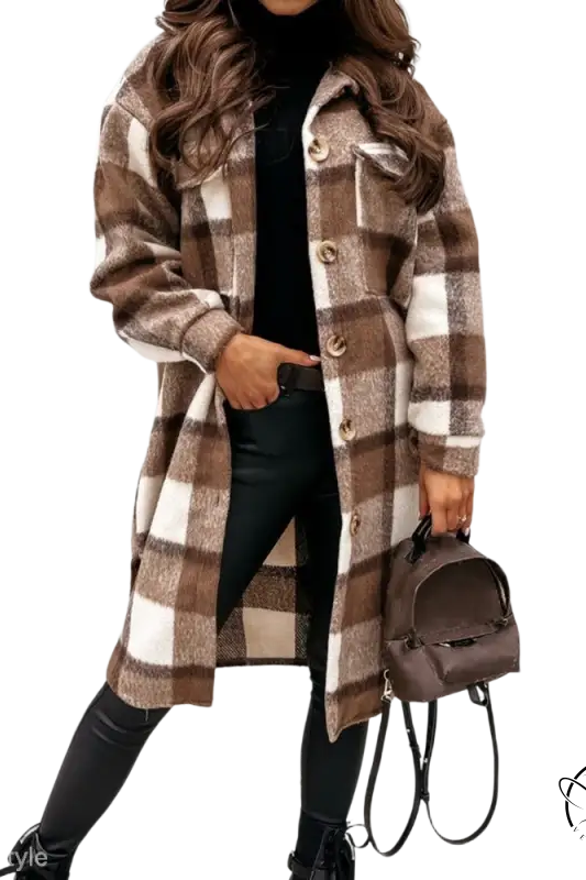 Casual loose check long woolen coat in brown and white plaid over black outfit for fall and winter