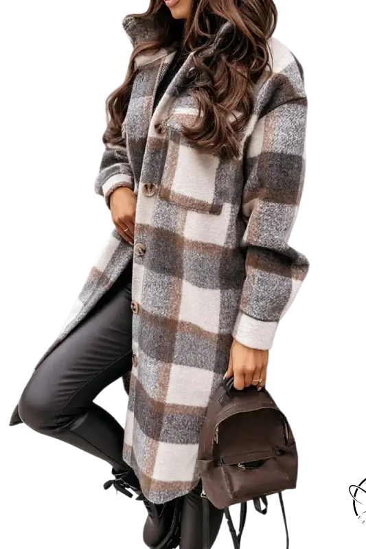 Gray plaid long woolen coat with button closure for fall winter