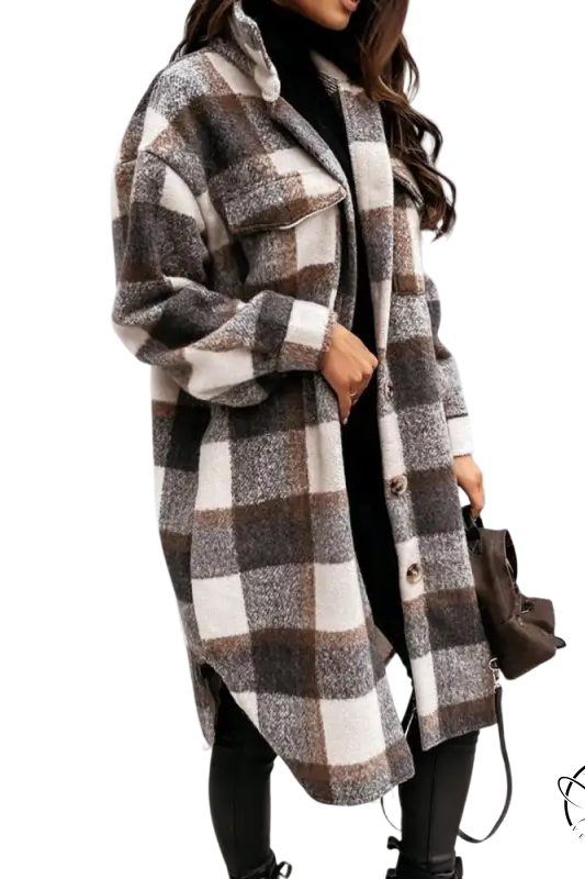 Casual loose long woolen coat with black white checkered plaid pattern for winter
