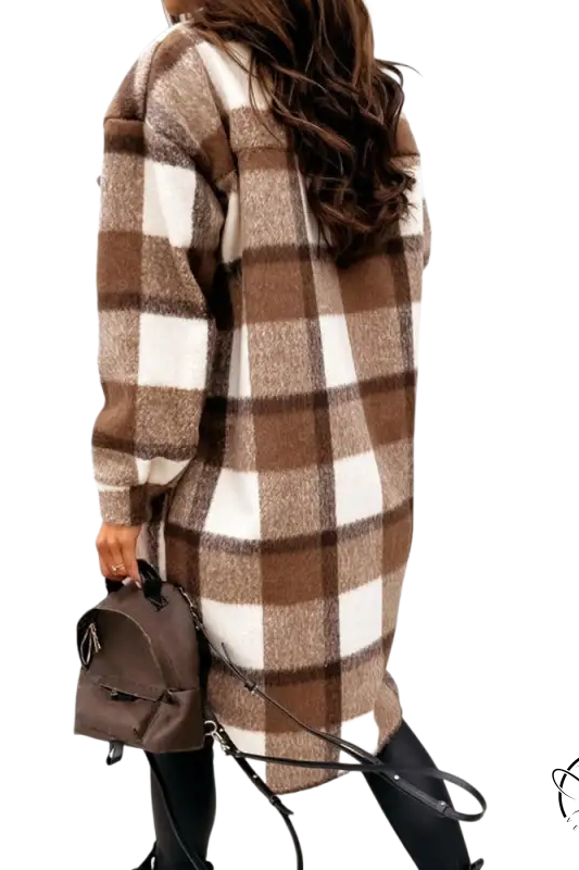 Casual loose check long woolen coat in brown and white plaid