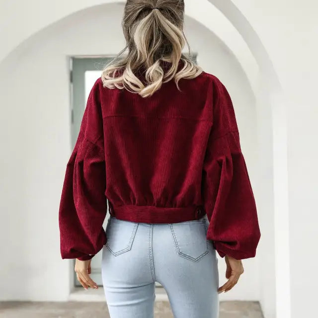 Burgundy corduroy jacket with balloon sleeves for a stylish daily short jacket