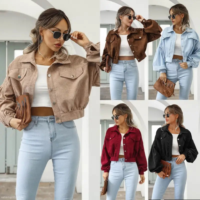 Collage of women in Casual Loose Corduroy Daily Short Jacket for Spring and Fall