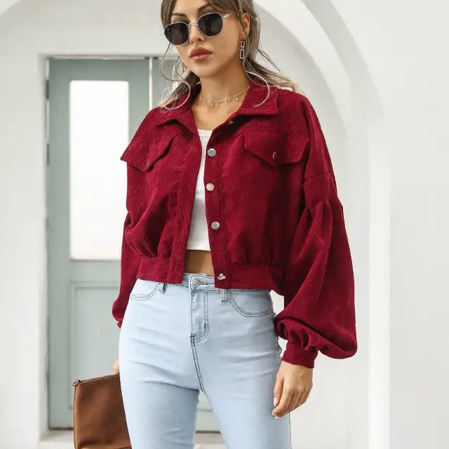 Burgundy corduroy daily short jacket with balloon sleeves for spring and fall styling