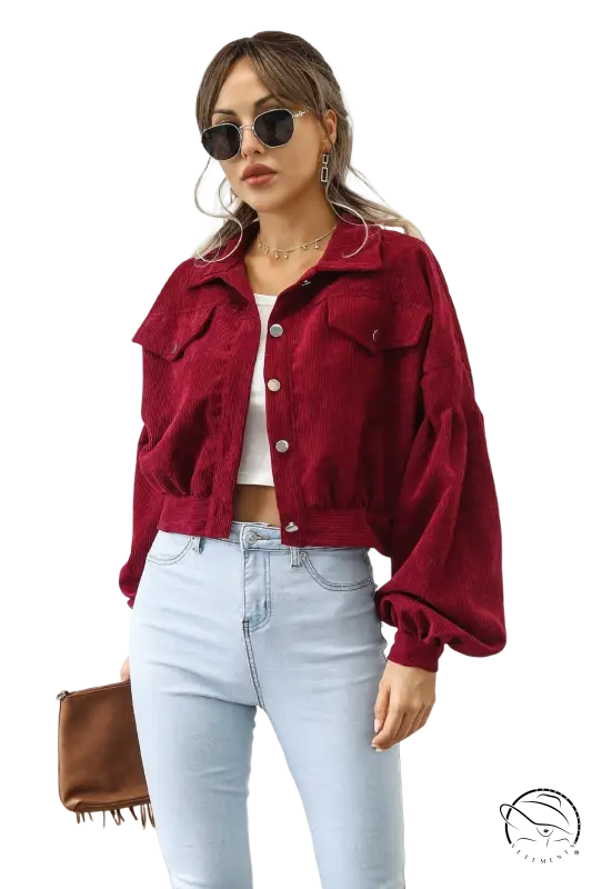 Burgundy corduroy daily short jacket with balloon sleeves for spring