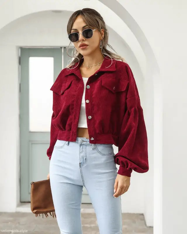 Burgundy corduroy daily short jacket with balloon sleeves for spring and fall styling