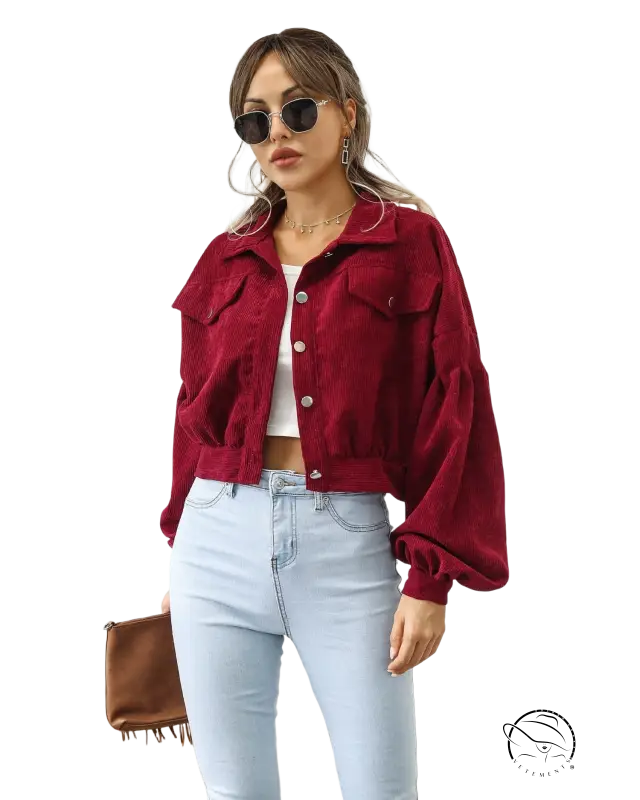 Burgundy corduroy daily short jacket with balloon sleeves for spring