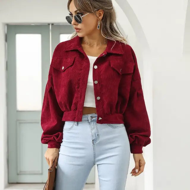 Burgundy corduroy jacket, a stylish daily short jacket for spring and fall wear