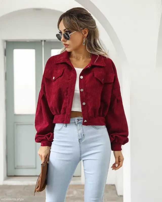 Burgundy corduroy jacket, a stylish daily short jacket for spring and fall wear