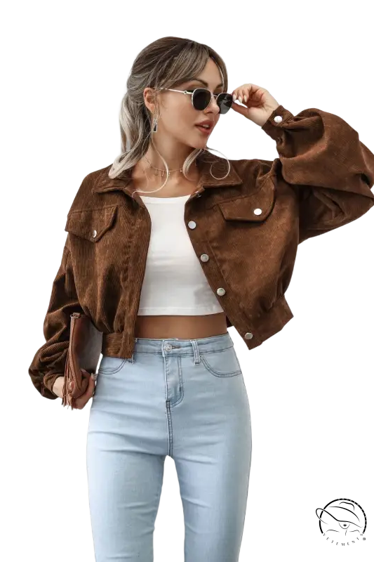 Woman in brown corduroy daily short jacket for spring and fall