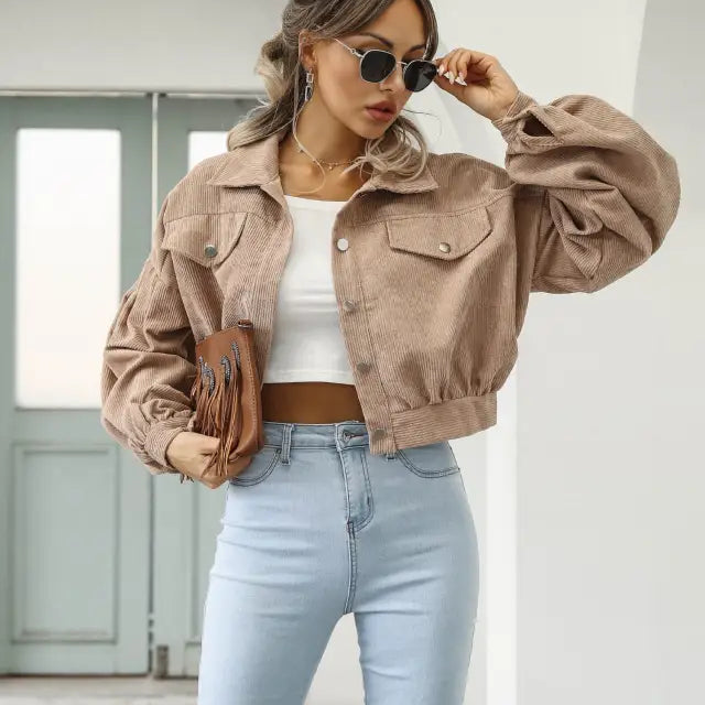 Tan corduroy cropped jacket, perfect daily short jacket for spring and fall wear