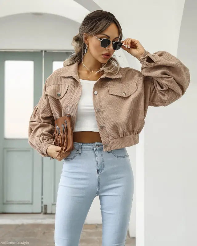 Tan corduroy cropped jacket, perfect daily short jacket for spring and fall wear