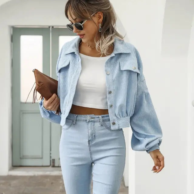 Light blue denim jacket outfit featuring a casual loose corduroy daily short jacket